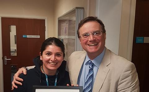Professor Leighton and Dr Marcela Hernandez Garcia with her Roadshow award