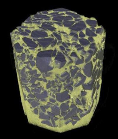 3D rendering of the void space (yellow) and granit ballast (blue-gray)