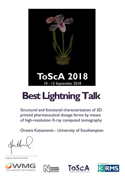 Best Lightning Talk Award to Dr. Orestis Katsamenis