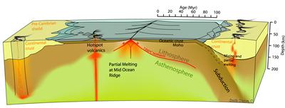 Scaled illustration of the major processes that help drive plate tectonics