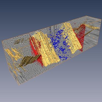 3D rendering of fibre orientation and damage observed in laminates