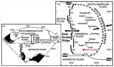Location of the a) ESR system and b) specific study sites E2 and E9 and the Kemp Caldera (After Leat et al., 1999)