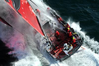 One of the Volvo Ocean Race boats in full action