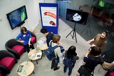 Dr. Orestis L. Katsamenis & Ms Laura Cooper at the μ-VIS stand at the Bioengineering showcase event.