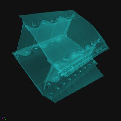 3D rendering of a part of an aircraft wing scanned using a 450kV X-ray source and a curved linear detector array