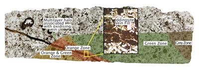 Figure 3: Alteration and vein halo relationships in IODP sample Exp 327 U1362A 16R-3 82-90cm