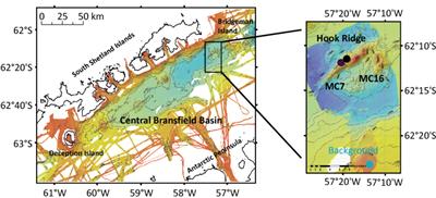 Sediment cores collected during RRS James Cook cruise 55. Water Depths: Core MC7 = 1174m, MC16 = 1040, Hook ridge background core = 1150 m.