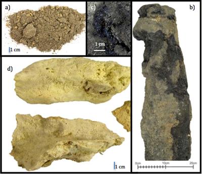 Photos of: a) Sulfur-­rich sediment, b) hydrothermal chimney, c) mineral phases, d) So deposit from the Kemp Caldera. Source, Barry Marsh.