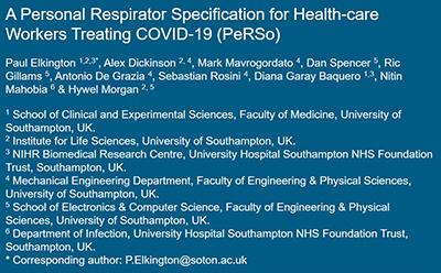 Link to open access paper: A Personal Respirator Specification for Health-care Workers Treating COVID-19 _PeRSo)
