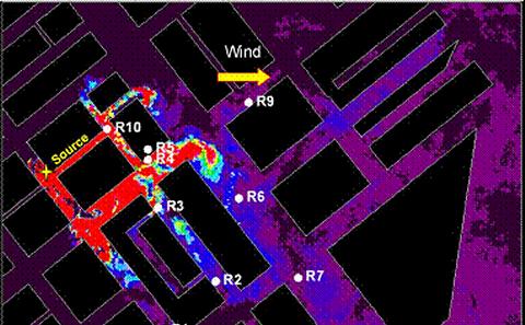 Aerial view of Marylebone Road, London, receiving pollutant contamination from a source in a street.