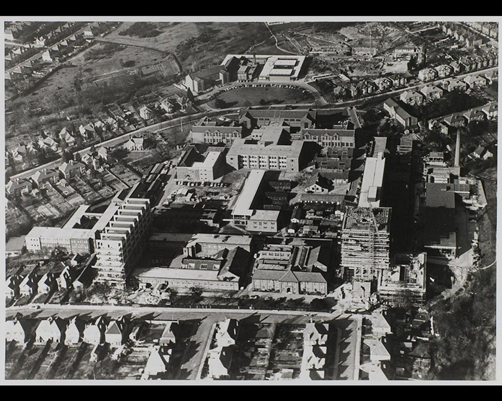 Development: Aerial view of the Highfield campus, with the Lanchester building, 1960s