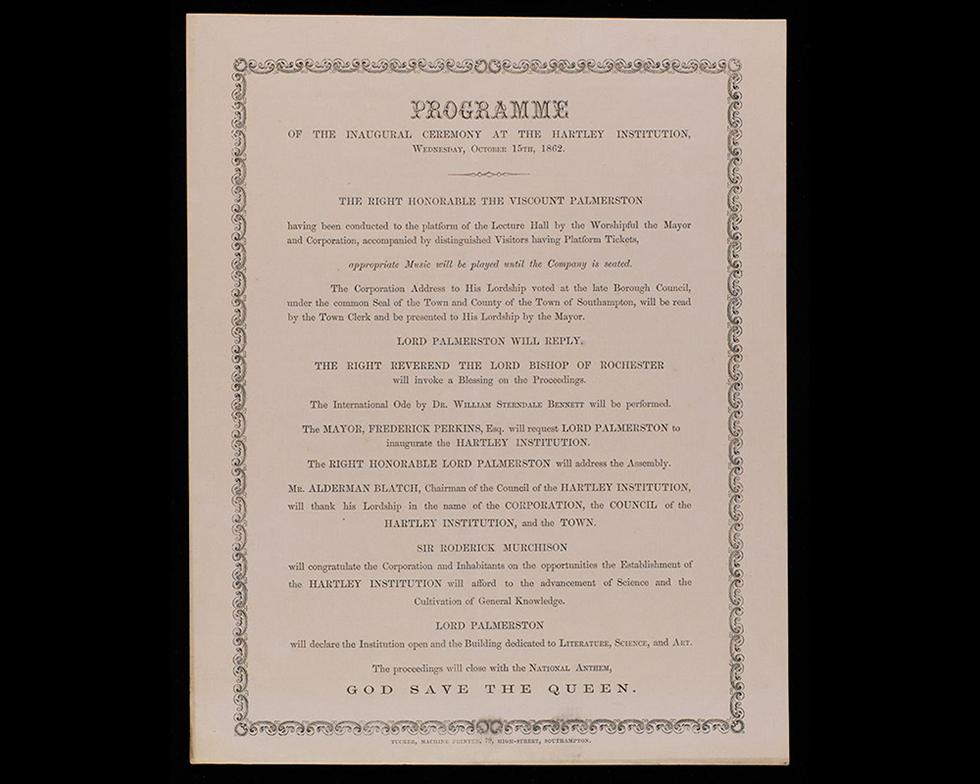 Foundation: Programme for the opening of the Hartley Institution, 1862