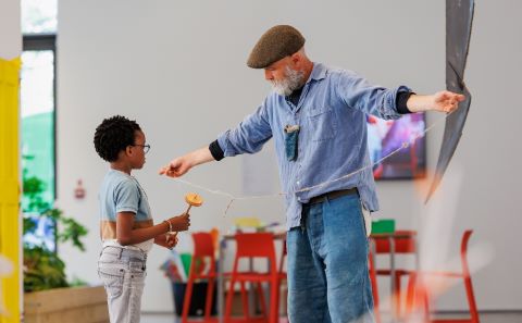 Man and child in the John Hansard Gallery