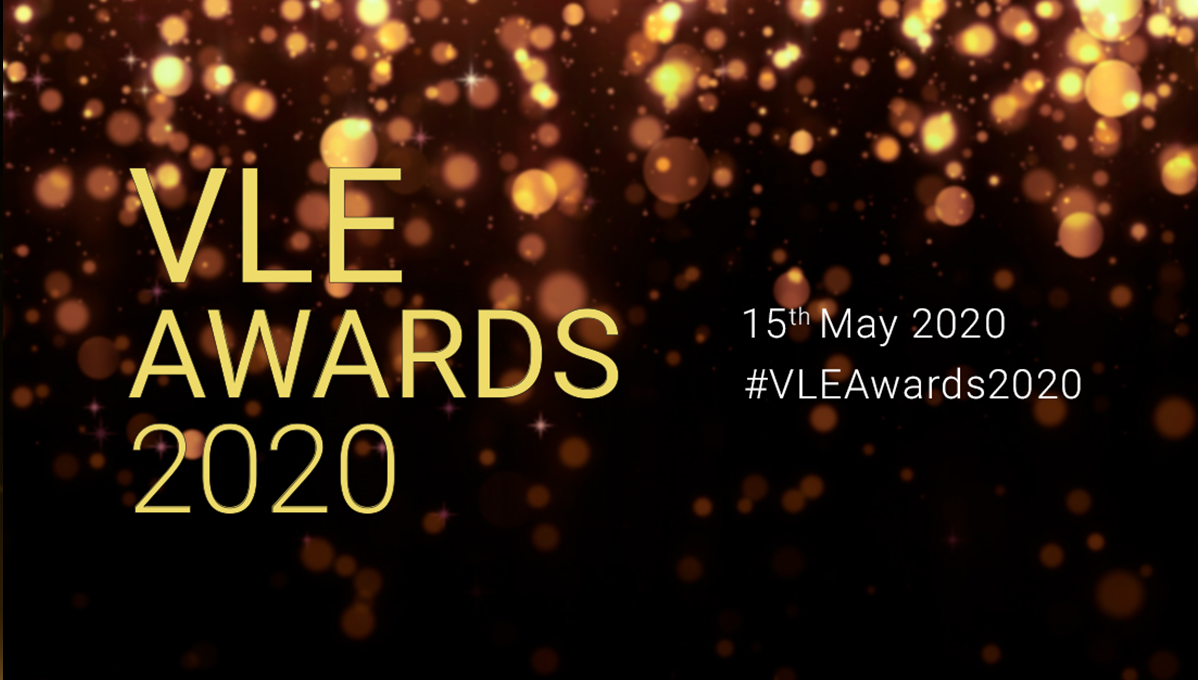 Over a starry background, text reads VLE Awards 2020, 15th May 2020, #VLEAwards2020