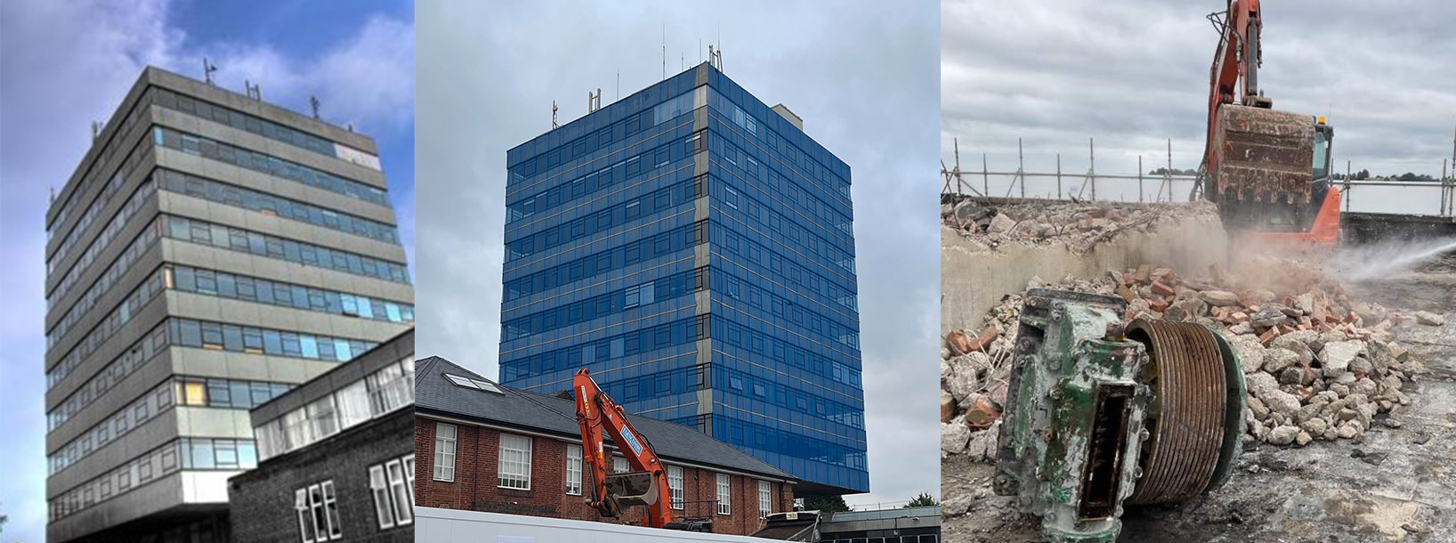 three pictures showing faraday undeegoing demolition