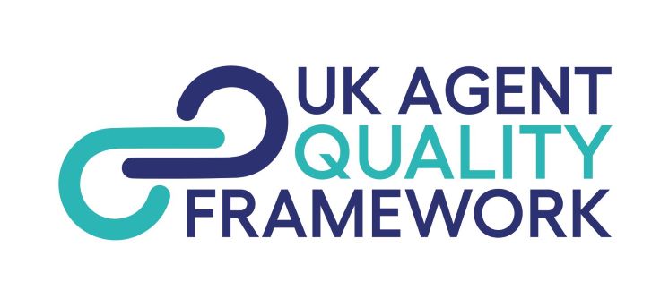 Logo in dark and light blue reading UK agent quality framework