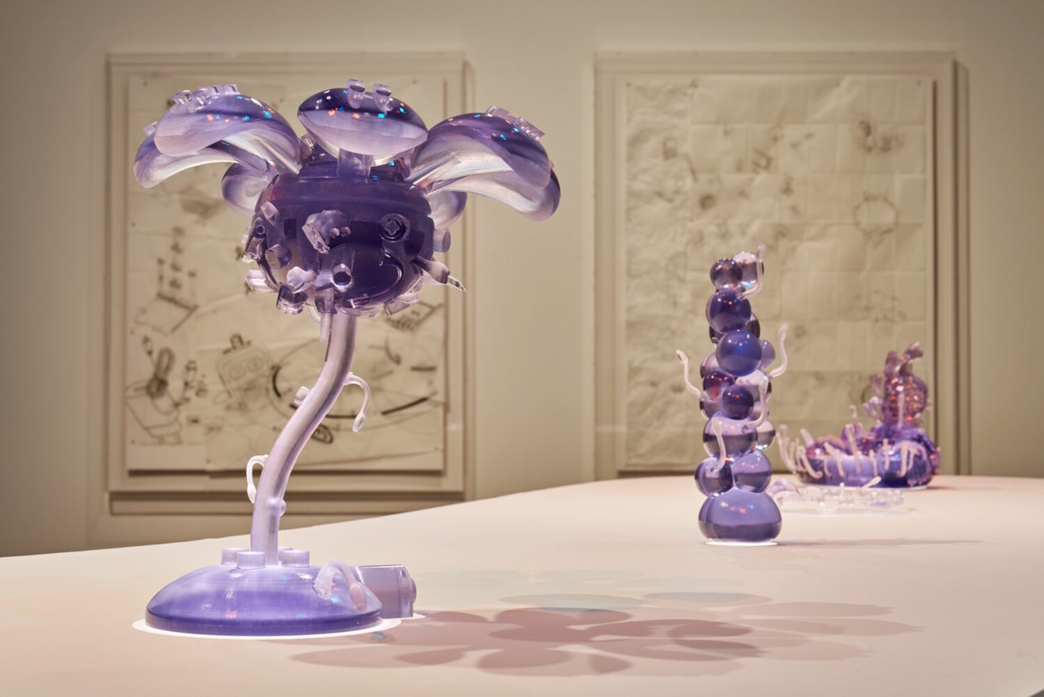 A collection of translucent purple sculptures resembling organic or botanical forms is displayed on a white platform, with detailed drawings hanging on the wall behind. Soft lighting highlights the glossy surfaces and intricate shapes.