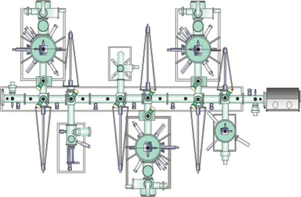 Complex mechanical apparatus with multiple cylindrical components attached symmetrically on either side.