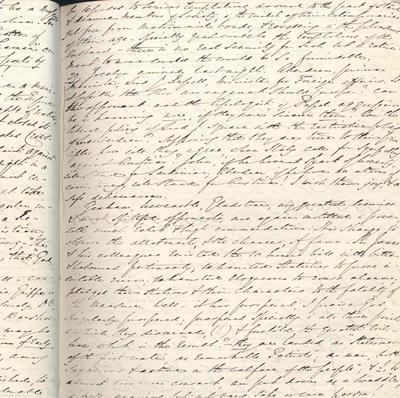 A handwritten manuscript page is filled with dense cursive writing in dark ink across cream-coloured paper. The page appears to be from a bound journal or diary, with part of an adjacent page visible on the left.