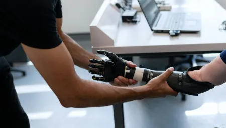A patient has a prosthetic arm fitted