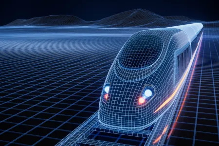 A wireframe electric train travels along digital tracks, representing modern and affordable rail transport.