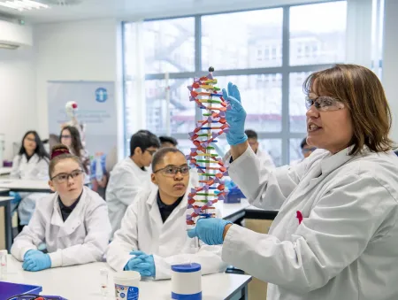 Teacher demonstrating a DNA model to students in a science lab during a summer school session.