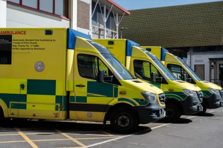 A row of ambulances parked outside University Hospital Southampton.