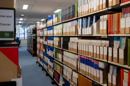 Shelves of medical journals and textbooks in the University of Southampton Health Services Library.