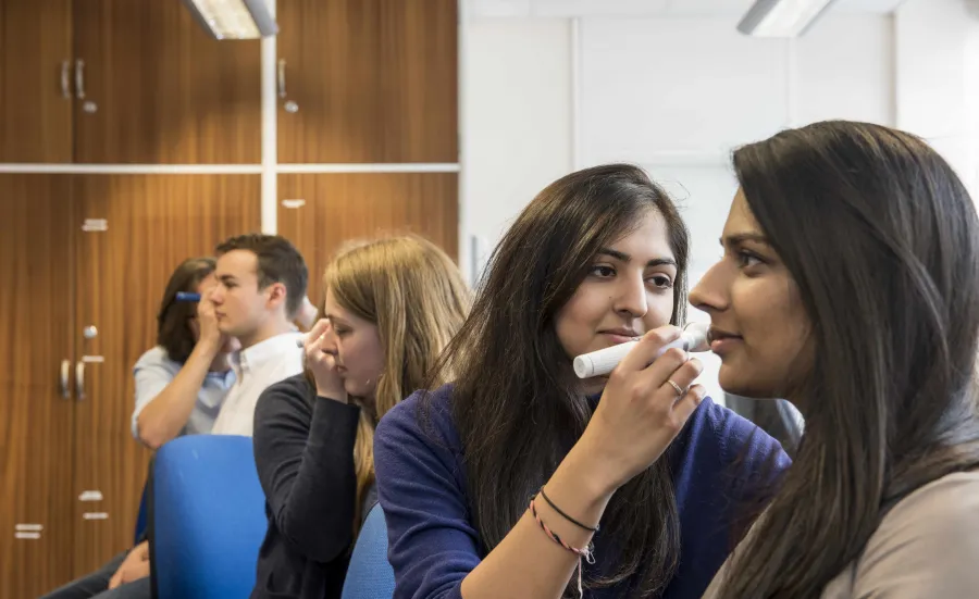 Several students in partner groups, inspecting each others' ears with an otoscope.