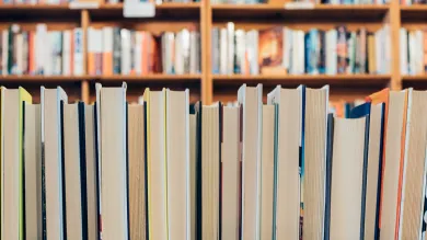 A row of books in a library, with their spines turned away from the viewer