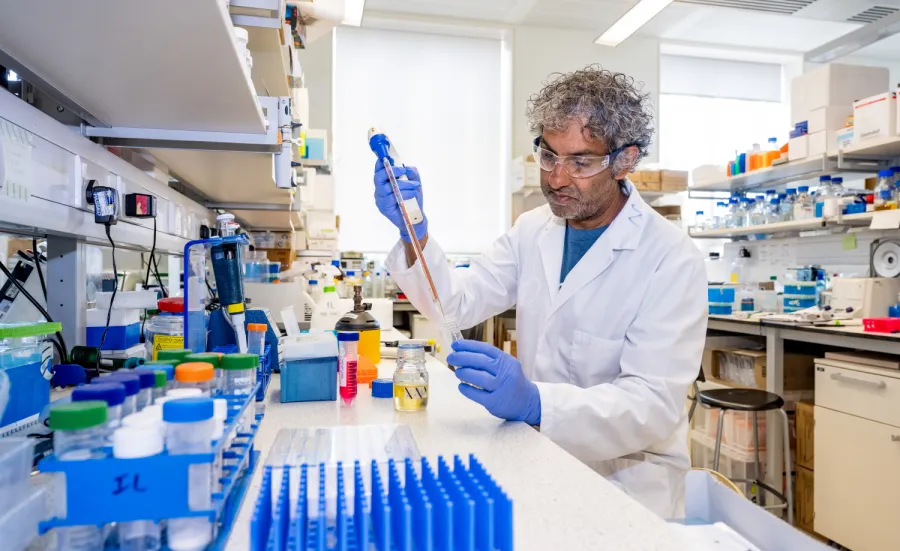 Professor Nullin Divecha working at a lab bench, surrounded by various containers and equipment.