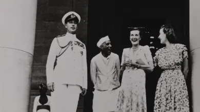 Jawaharlal Nehru, and Lord and Lady Mountbatten on the steps of Government House in Delhi, 1948