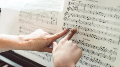 2 fingers pointing at sheet music on a piano