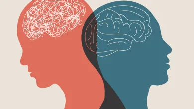 Abstract illustration of two overlapping human silhouettes in profile, one red, one blue. We can see their brains as white outlines, one looks more like a scribble than a brain.