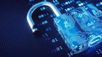 A blue padlock made to resemble a circuit board and placed on binary computer code  