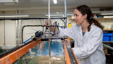 One researcher doing a flume experiment examining flow over seagrass mimics