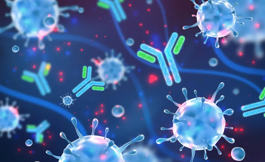 Stylized illustration of a microscopic view featuring virus particles and antibodies with a blue gradient background, creating an impression of a biological response.