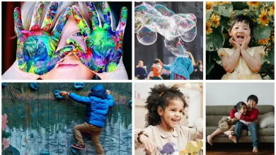 A collage of children enjoying various playful activities with paint, bubbles, sunflowers, climbing, toys, and hugs.