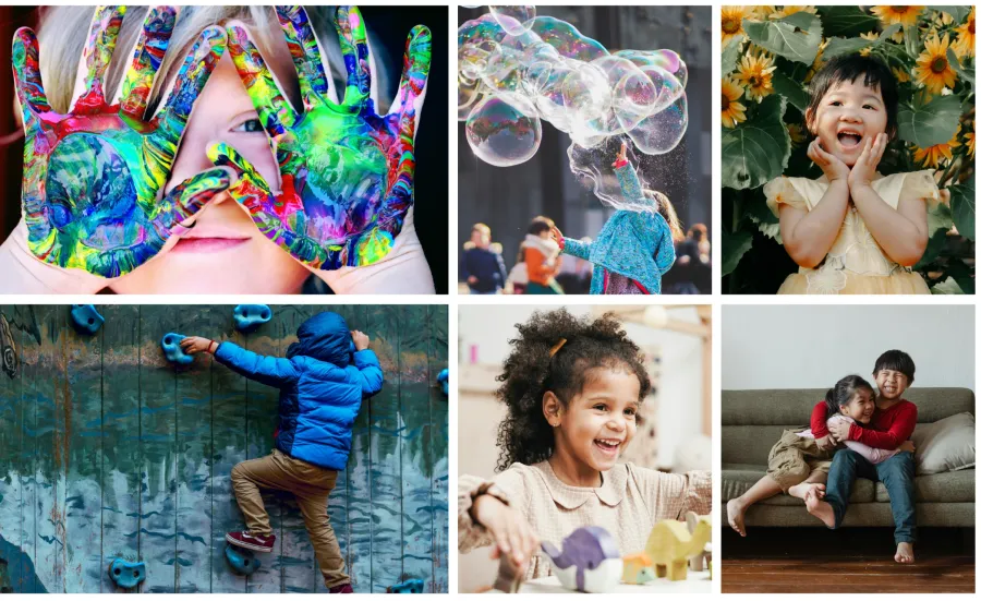A collage of children enjoying various playful activities with paint, bubbles, sunflowers, climbing, toys, and hugs.