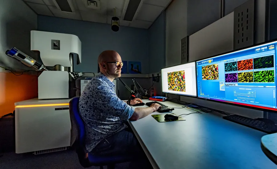 A scientist sits at a bank of computer screens performing scanning electron microscopy