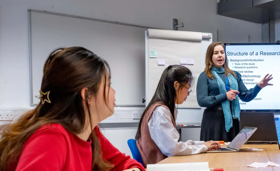 Lecturer presenting research project structure to students in class.