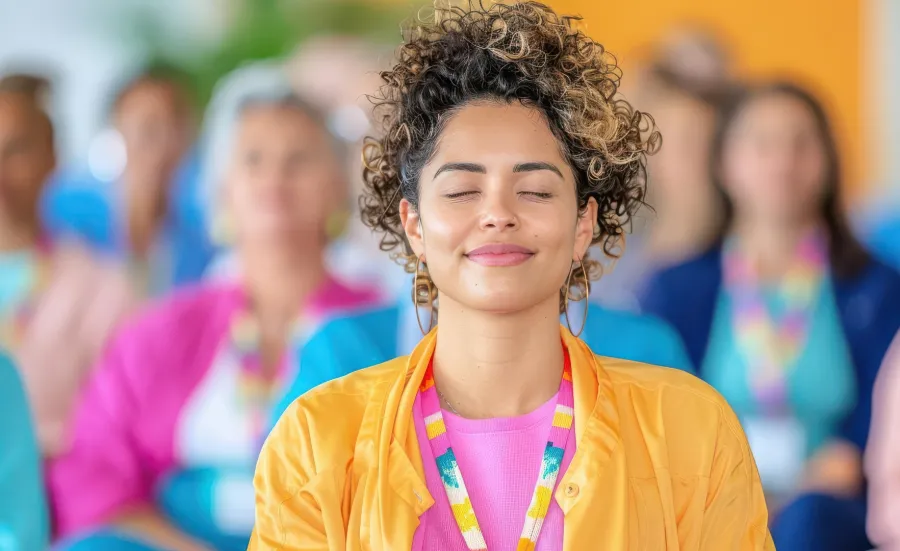 A person with curly hair and hoop earrings in a yellow jacket peacefully sitting with closed eyes.