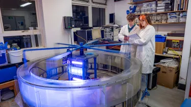 Scientists  working with lab equipment and looking at file