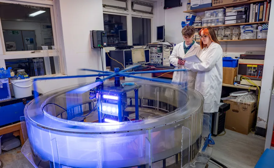 Scientists  working with lab equipment and looking at file