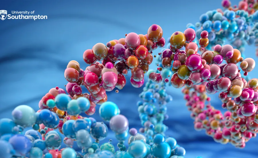 Colourful abstract representation of a molecular structure with glossy spheres in various sizes and colours against a blue background.