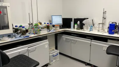 Workspace at the environmental laboratory with scientific equipment, bottles, a computer showing a graph, and digital scale.