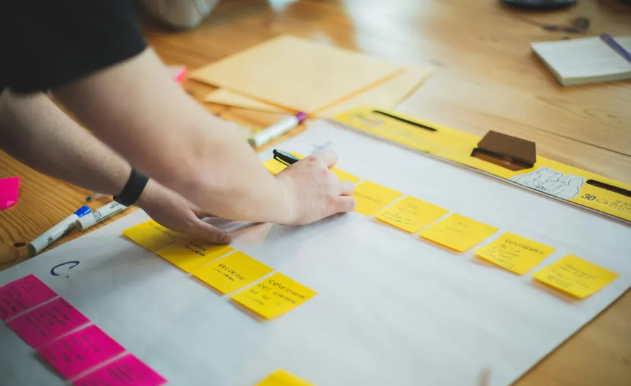 Project planning using sticky notes moved across phases on a clipboard
