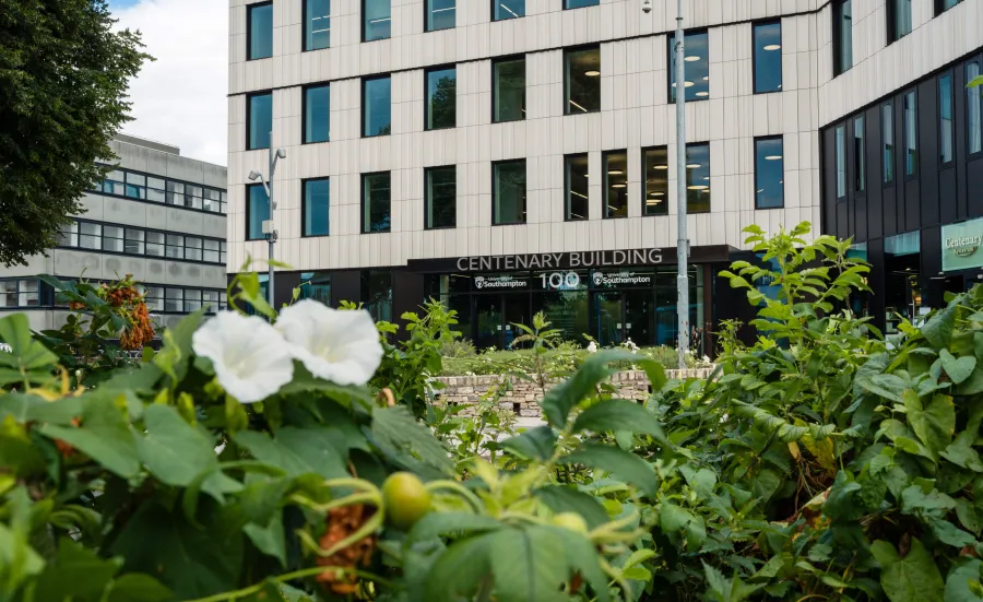 An exterior shot of the Centenary Building, also known as Building 100, on the University of Southampton's Highfield campus. The image is captured from the perspective of a flowerbed, which has several white flowers.
