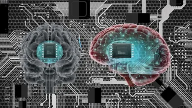 Two human brains with microchips imposed on a circuit board background.
