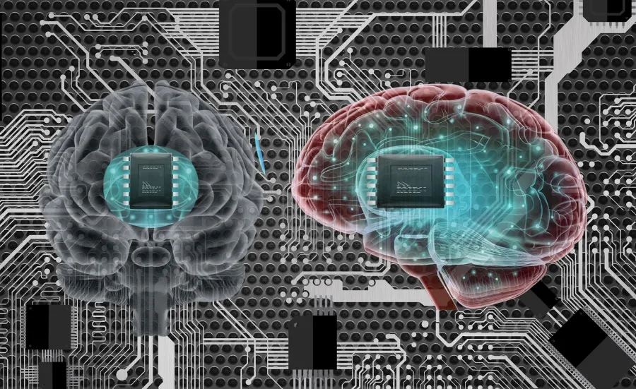 Two human brains with microchips imposed on a circuit board background.